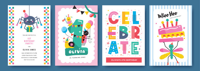 Set of birthday card and invitation card with cute little spider, snail, ladybug, dragonfly, caterpillar, party flags, cake, balloons, confetti and typography design. © BrixStudioIN