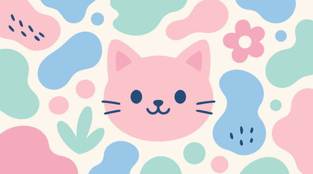 Playful pastel organic blob pattern vector illustration with cute pink cat face, flowers, dots and abstract shapes, cheerful nursery textile, wallpaper, packaging and stationery design