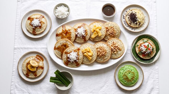 An assortment of traditional Indonesian rice flour pancakes, Serabi, featuring various toppings like palm sugar, coconut, jackfruit, banana, chocolate, and savory oncom on a white tablecloth.