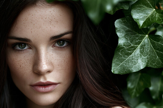 Young woman outdoors with green leaves nearby