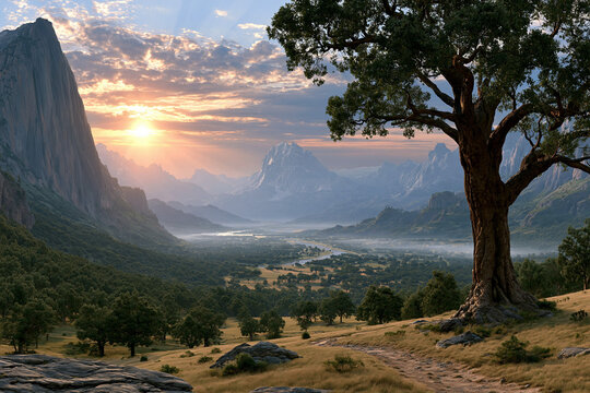 Sunrise over a valley with mountains and a tree