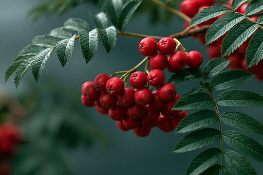 Rowan berries grow on branches with green leaves