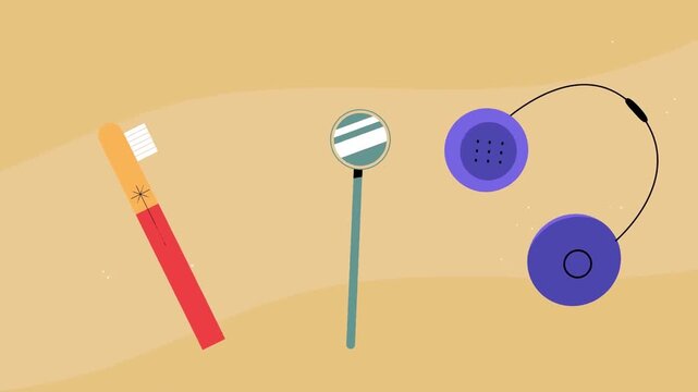 Toothbrush, Lollipop, and Headphones Daily Routine Objects 2D Animation &ndash; Lifestyle Habits, Personal Care, and Balance Concept