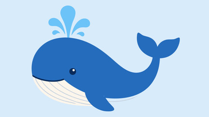 Naklejka premium Adorable blue whale vector illustration with rounded smiling form, playful fountain spray and tail on soft blue background, ocean wildlife clipart for children, nursery decor and learning materials