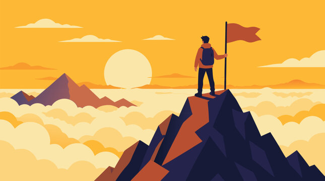 Adventurous climber standing on jagged mountain summit above glowing clouds at sunrise, holding flag, inspiring achievement concept for leadership, travel, challenge, ambition, and victory vector art