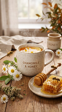 Hot tea mug with honey dipper and honeycomb on rustic wooden table