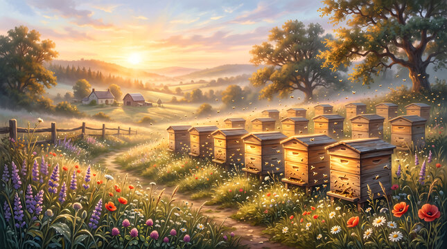 Beautiful sunrise landscape over wooden beehives in rural blooming field