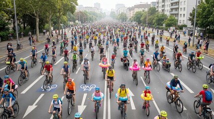 Obraz premium Healthy lifestyle concept showing a parade of bicyclists and families in a city mass bicycle race.