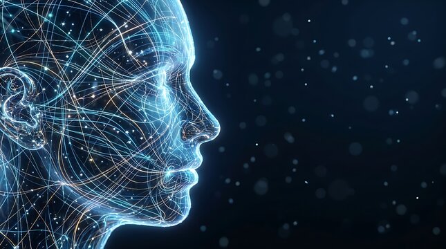 Artificial intelligence profile of a human head made of glowing digital neural network lines