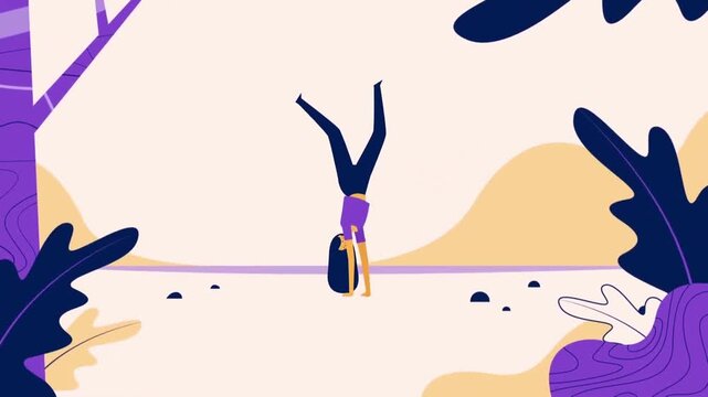 Woman Doing Yoga Handstand Outdoors in Autumn Park 2D Animation &ndash; Wellness Lifestyle, Fitness Balance, Gymnastics, and Calisthenics Concept