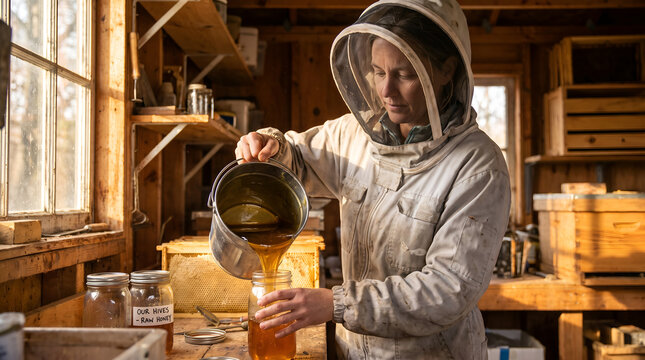 Man beekeeper pouring fresh golden honey into glass jar inside shed