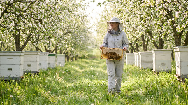 Woman beekeeper carrying wooden frame walking through blooming apple orchard