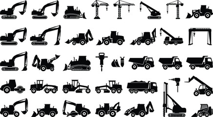 Vector collection of construction machinery silhouette icons including excavators, bulldozers, cranes, dump trucks, loaders, and forklifts © MdAbdul