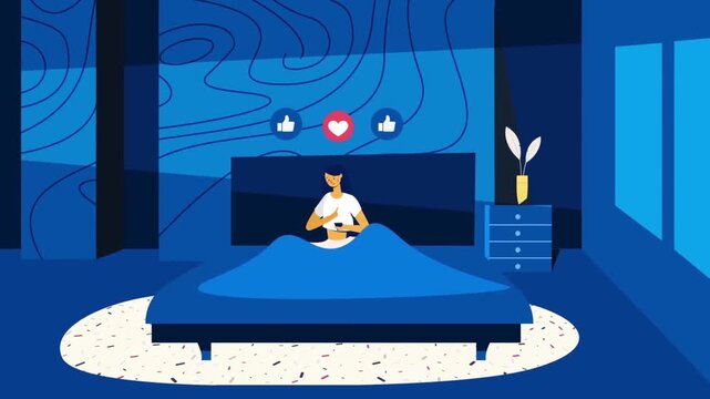 Person Browsing Smartphone Screen in Bed at Night 2D Animation &ndash; Insomnia, Screen Addiction, Social Media Scrolling, and Blue Light Concept