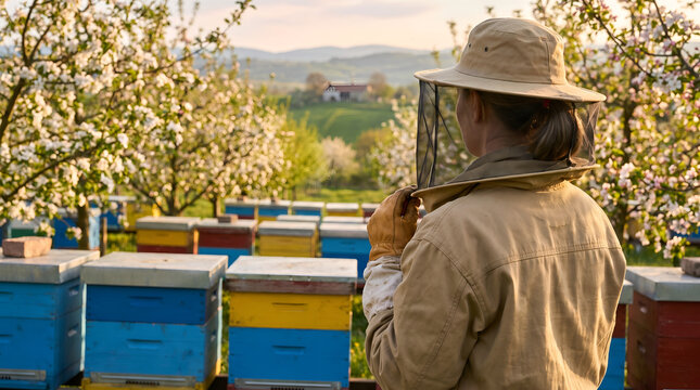Woman beekeeper wearing protective hat looking at colorful hives in orchard