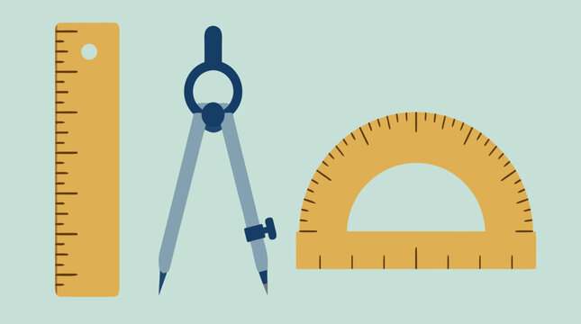 Wooden ruler, compass and protractor neatly arranged on soft mint schoolroom background, flat vector illustration for math class, geometry lessons, stationery, classroom supplies and education design