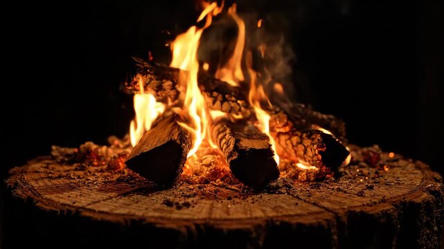 Wood logs burning with flames and sparks on tree stump for cozy and dramatic fire content