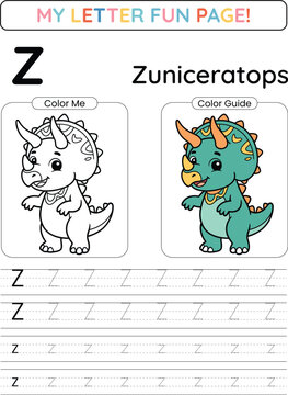 Letter Z Dinosaur Tracing Worksheet: Zuniceratops Coloring Page for Preschool Kids