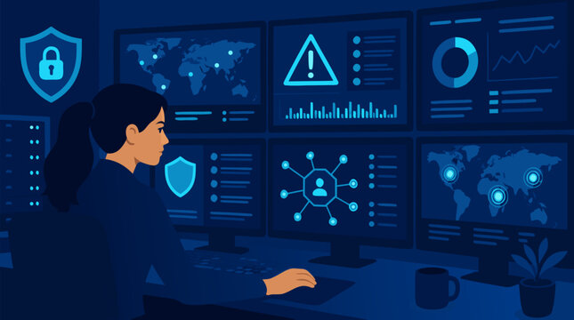 Focused woman cybersecurity analyst monitoring glowing security dashboards on multiple screens, warning alerts, maps, charts and shield icons in a deep blue vector command center for SOC operations