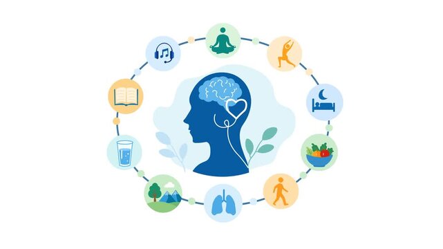 Healthy Lifestyle Habits Infographic  For Mental Wellness And Wellbeing. Flat Design Animation. Meditation, Exercise, Sleep, Nutrition, Hydration, and Reading or listen to music habits. 