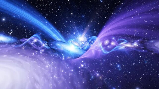 Glowing galaxies and cosmic energy waves flowing through deep space for science and universe content