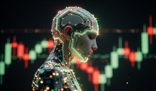 Cybernetic AI Head Profile Over Stock Market Trading Chart Concept