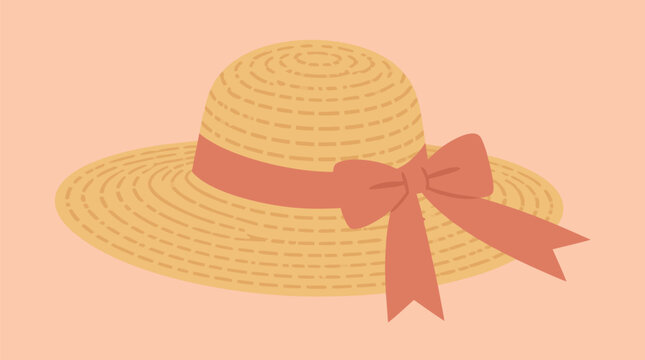 Elegant woven straw sun hat vector illustration on soft peach background, wide brim with coral ribbon bow, breezy summer fashion accessory for beach vacations and stylish seasonal design