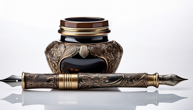 vintage calligraphy pen with ornate design and ink pot isolated on white background perfect for artistic and stationery themes