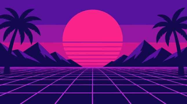 Neon synthwave grid horizon glowing purple and magenta under a giant retro sun, palm silhouettes and dark mountains, electric flat vector futuristic background with vaporwave nightlife energy