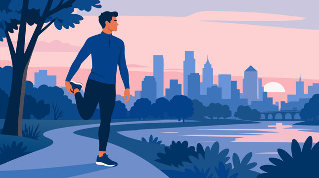 Athletic man stretching his quad before a sunrise run in an urban park, blue jogging path, calm river skyline, cool morning blues and pink sky in clean modern fitness vector art scene
