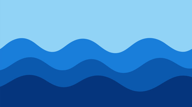 Minimal flat vector layered paper cut ocean waves in three blue tones beneath pale sky, calming abstract tide background for wellness, coastal design, marine themes, meditation spa branding