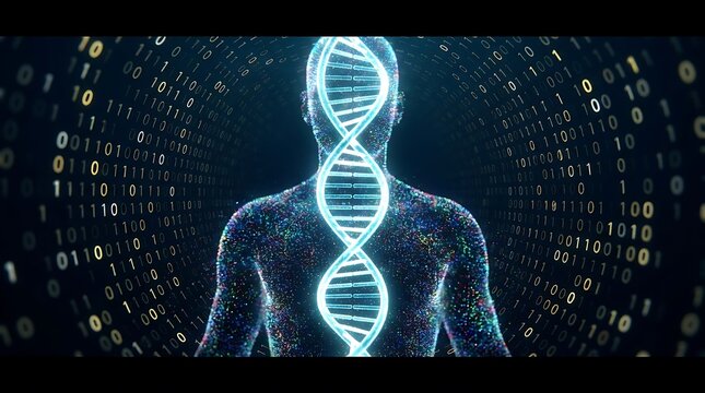 Digital human silhouette with glowing DNA helix and binary code stream background