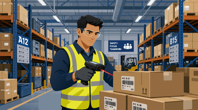 Busy warehouse worker scanning labeled boxes with handheld barcode reader between tall industrial shelves, forklifts, safety signage and blue logistics aisles, inventory vector illustration