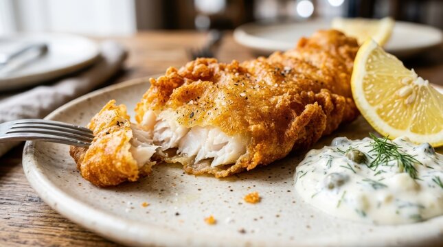 Battered fried fish fillet broken open with a fork to reveal flaky white meat, served with tartar sauce and lemon slice on a plate.