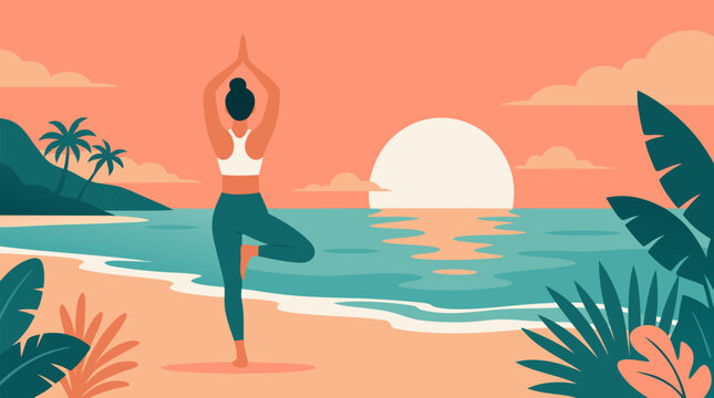 Serene vector illustration of woman in tree pose practicing yoga on tropical beach at sunrise, coral sky, teal ocean, palms, soft waves, mindful wellness and coastal calm vacation mood