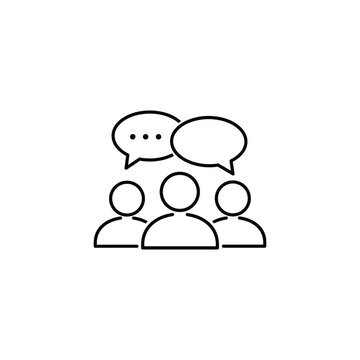 Three business people communicate with speech bubbles, representing team discussion, workplace dialogue and professional collaboration