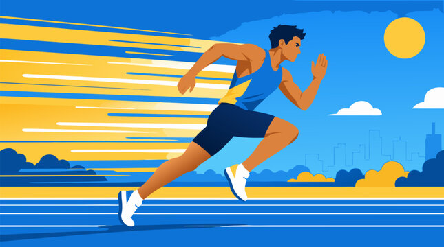 Determined sprinter launching down a sunlit track with glowing speed streaks, athletic power and marathon training energy in bold blue yellow vector city skyline illustration background