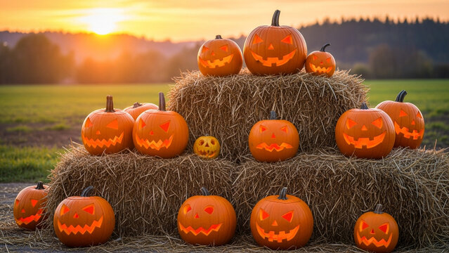 Glowing halloween pumpkins on hay stacks in a field at golden hour