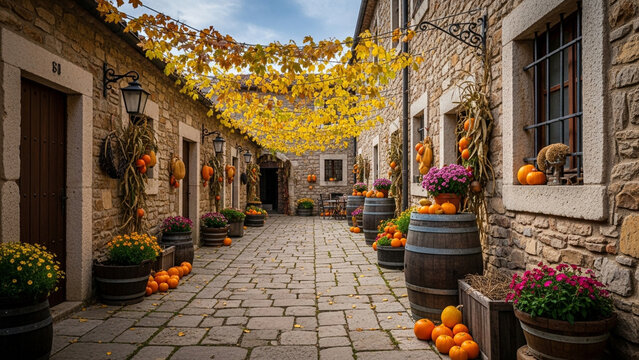 Charming stone alley decorated with autumn pumpkins and yellow vines