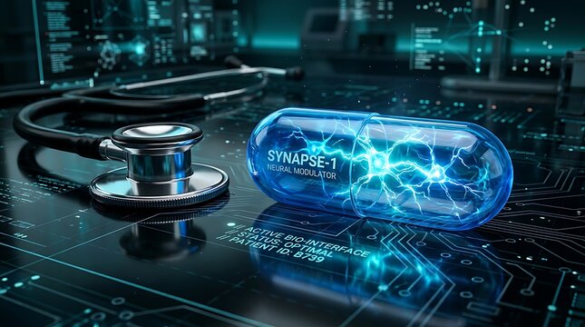 Futuristic medical pill with neural interface technology and stethoscope on digital screen