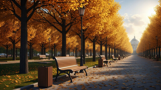 Scenic autumn park alley with golden trees and wooden benches