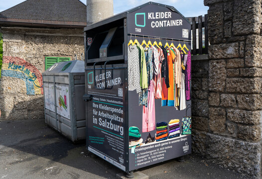 Clothes Donation Container on Street. Charity second hand wardrobe. Salzburg, Austria - June 22, 2026