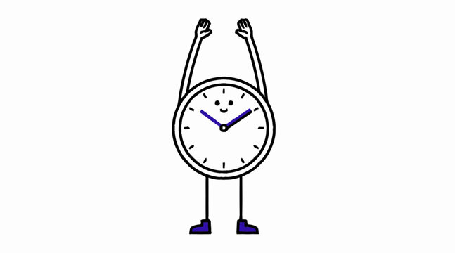 Cheerful cartoon clock character with arms raised high.