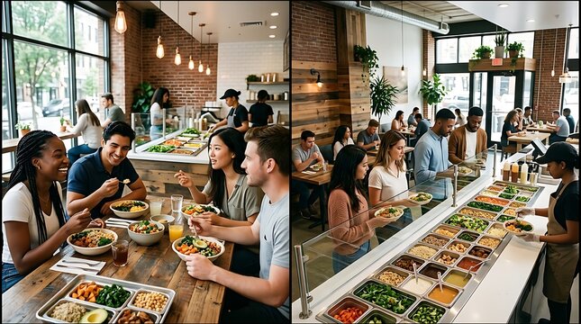 People enjoying fresh salad bowls in a modern fast casual restaurant