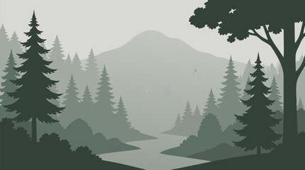 Fototapeta premium Misty morning evergreen forest vector landscape with layered pine silhouettes, winding river, distant mountain, soft sage grey gradients, and tranquil atmospheric wilderness mood for nature designs