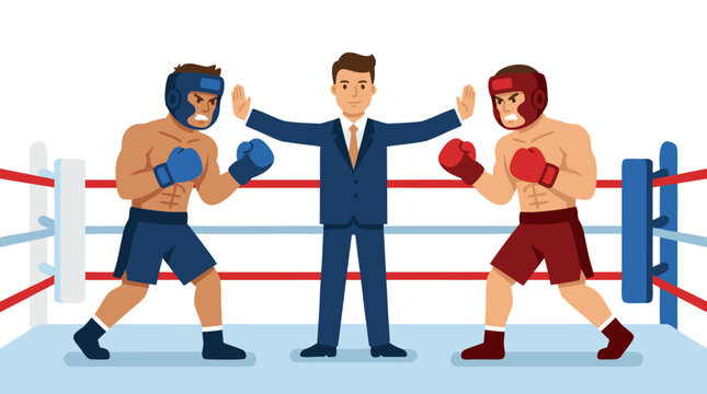 Professional Businessman Referee Stopping Boxing Match Between Two Rivals in Ring, Corporate Arbitration and Conflict Resolution Concept, Mediation and Negotiation Vector Illustration