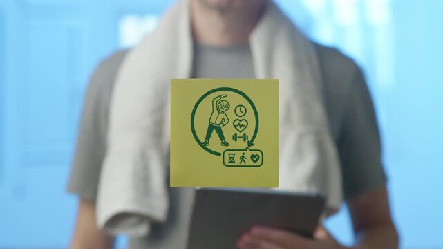 physical coach holding a tablet with a towel around his neck, promoting healthy aging through regular physical activity, demonstrating the importance of maintaining an active lifestyle for seniors