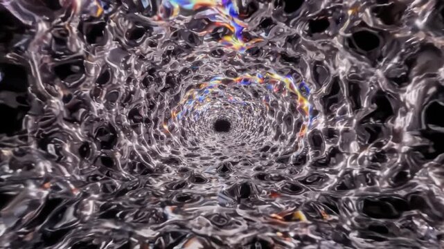 Abstract liquid metal tunnel with iridescent light reflections, flowing chrome fluid motion in a scifi space vortex loop.