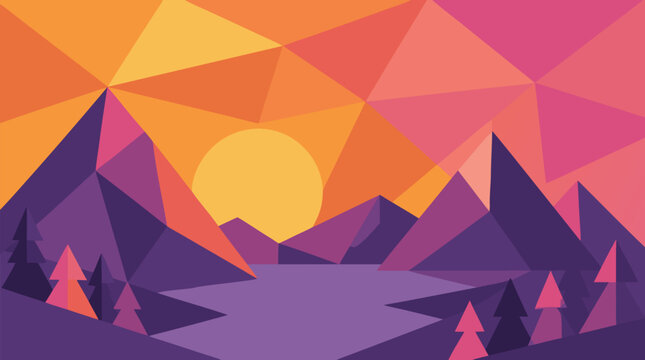 Vibrant low poly sunset mountain landscape vector background with geometric triangle mosaic, warm orange pink gradient sky, purple peaks, lake and forest silhouettes for modern abstract design