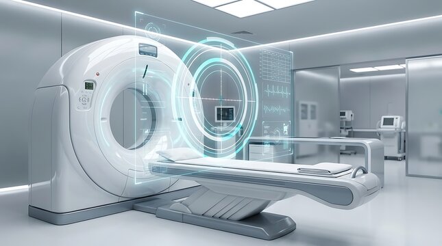 Modern CT scanner with digital holographic interface in bright clinical hospital room